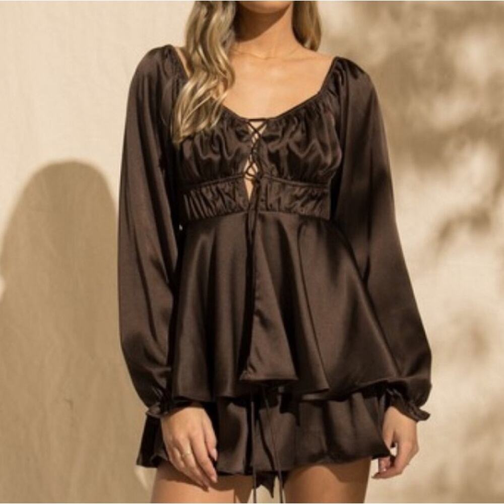 Papermoon Chocolate Brown Satin Boho Peasant Lace Up Romper Large